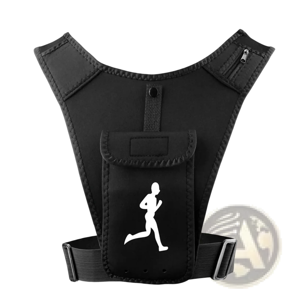 Black gomoreon running vest phone holder hydration pouch with white runner silhouette on front pocket for outdoor use