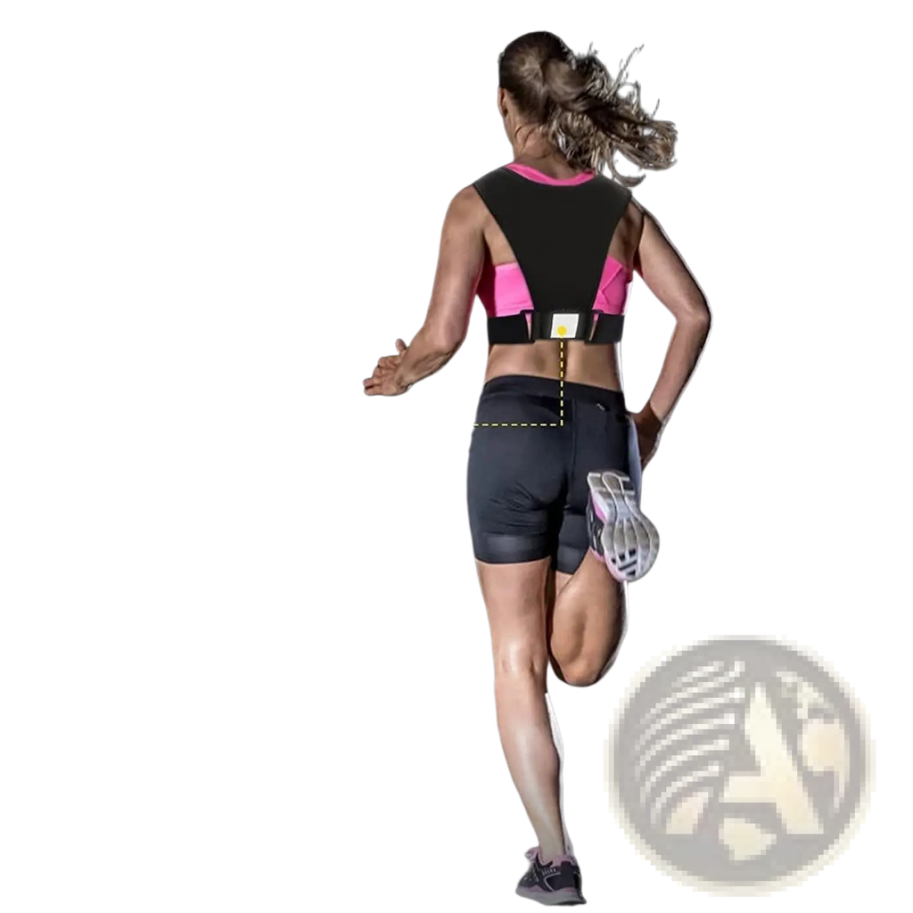 Black reflective back support belt with pink accents shown from the back for running vest phone holder hydration pouch