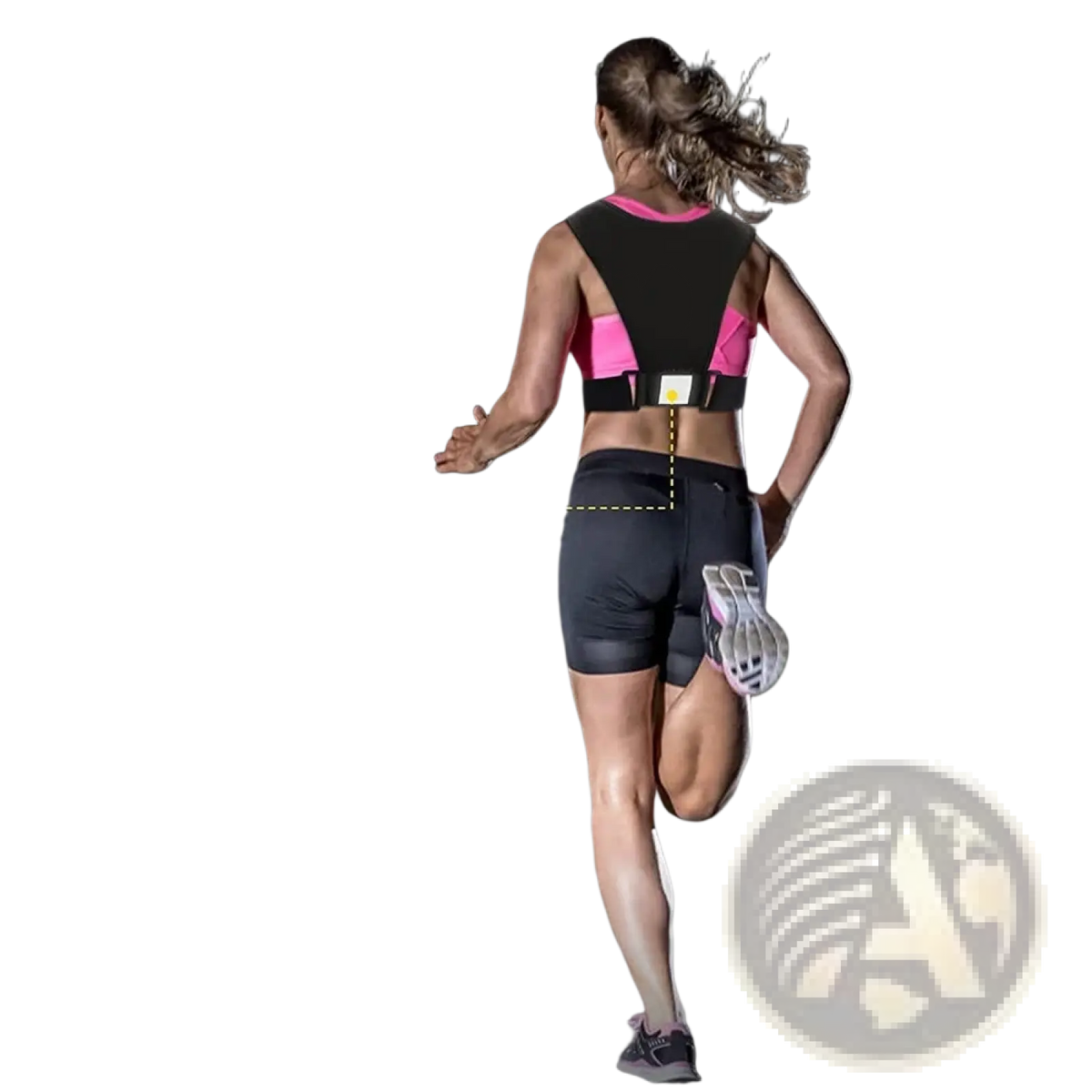 Black reflective back support belt with pink accents shown from the back for running vest phone holder hydration pouch