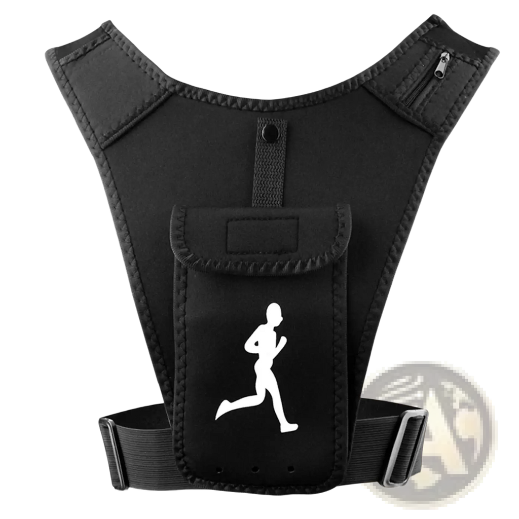 Black running vest with front pocket featuring white runner silhouette designed as phone holder hydration pouch