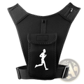 Black running vest with front pocket featuring white runner silhouette designed as phone holder hydration pouch