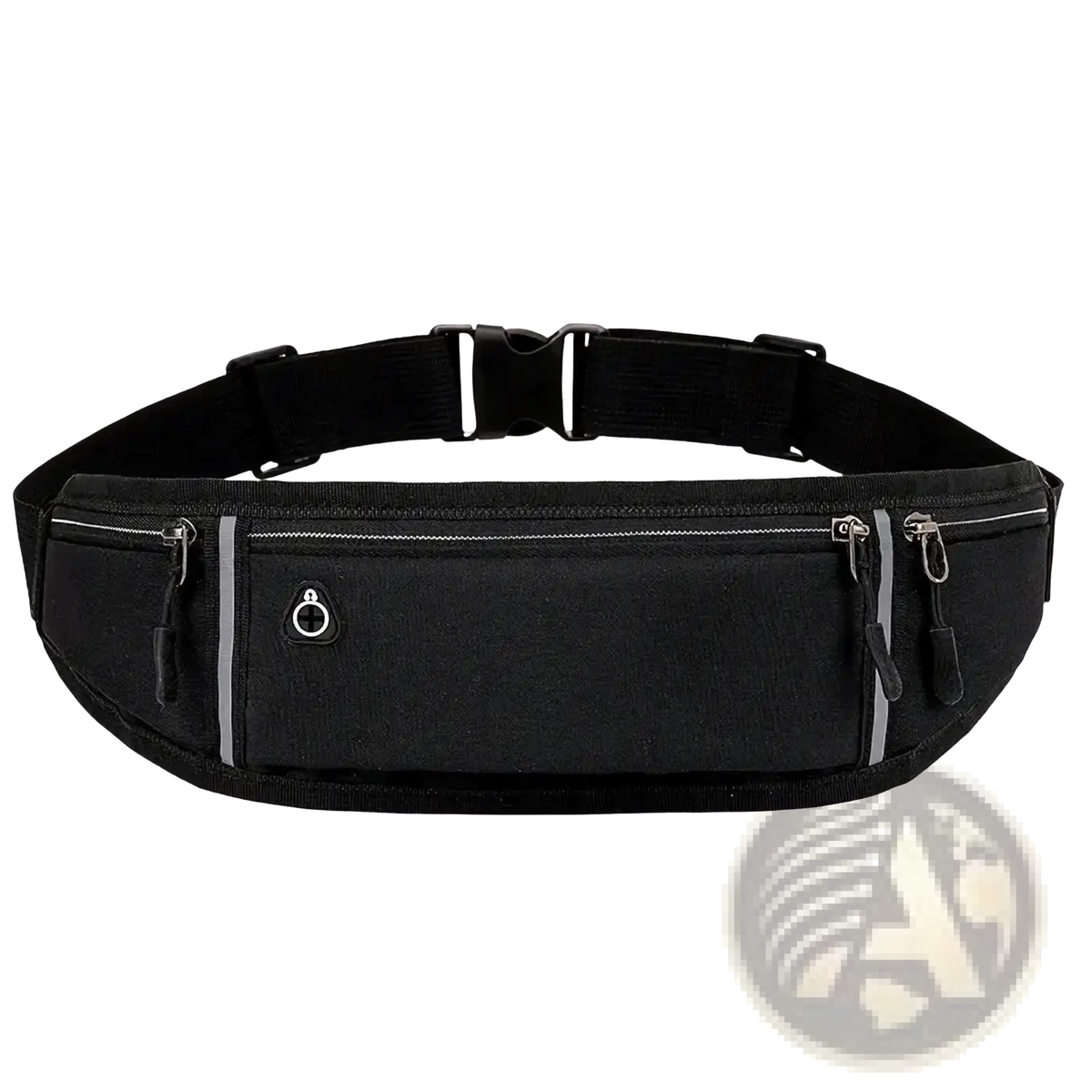 Black running waist bag with reflective stripes, multiple zippered compartments, and phone pocket for athletic use