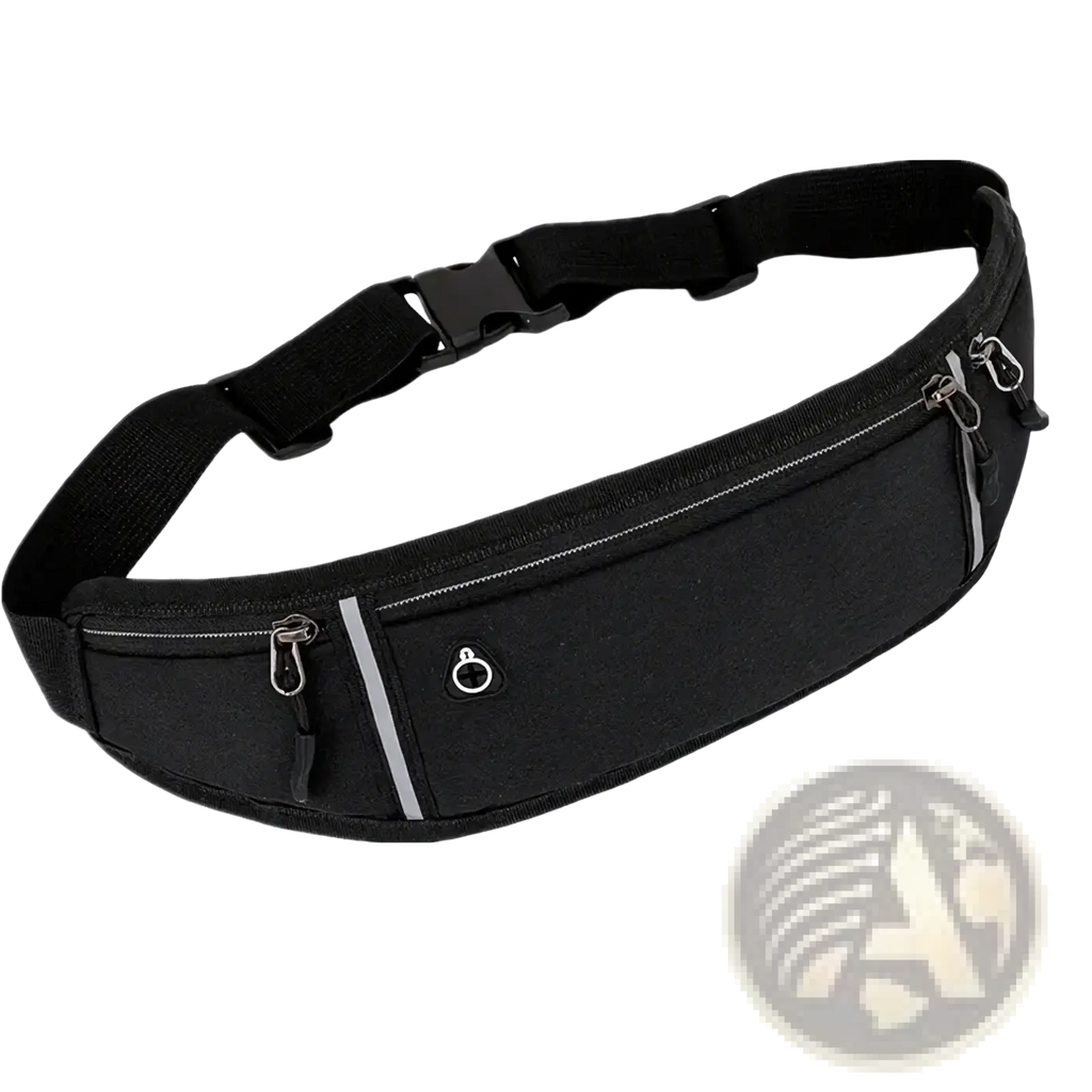 Black athletic running waist bag with reflective stripes and multiple zippered compartments including phone pocket