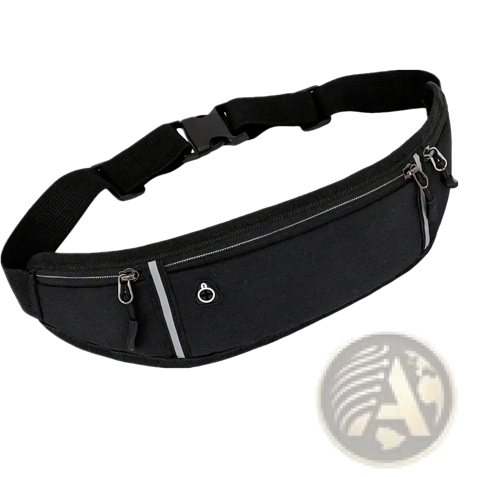 Black athletic running waist bag with reflective stripes and multiple zippered compartments including phone pocket