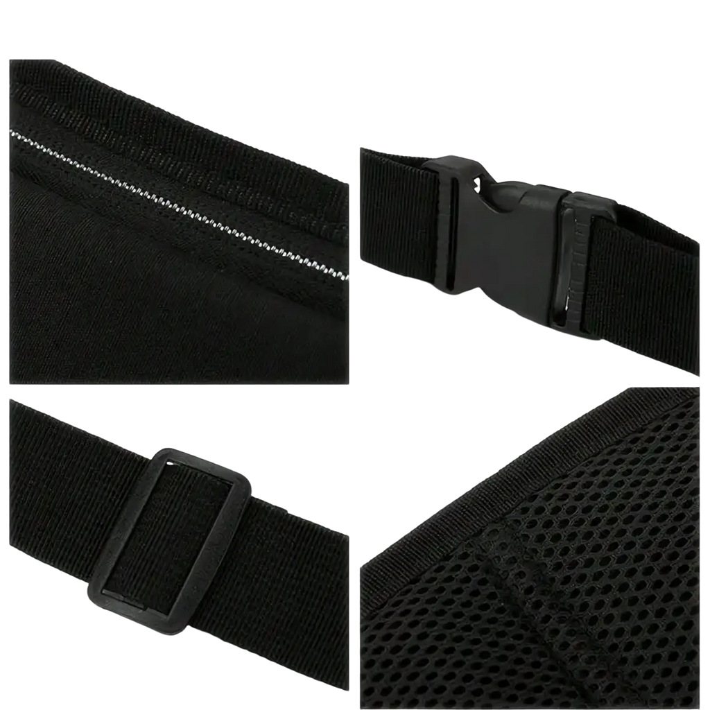 Black nylon running waist bag with mesh side panel phone pocket and plastic buckle closure for secure storage