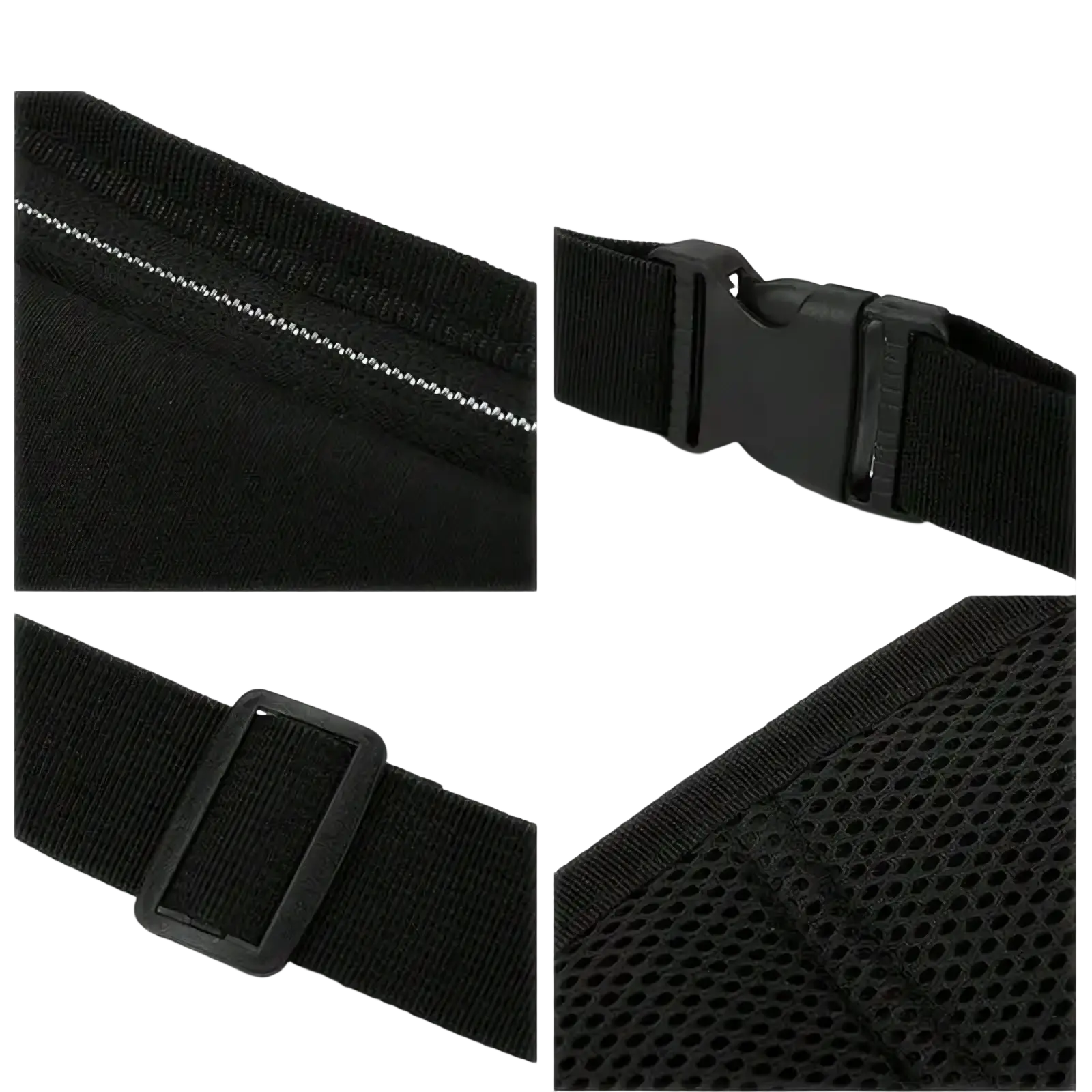 Black nylon running waist bag with mesh side panel phone pocket and plastic buckle closure for secure storage