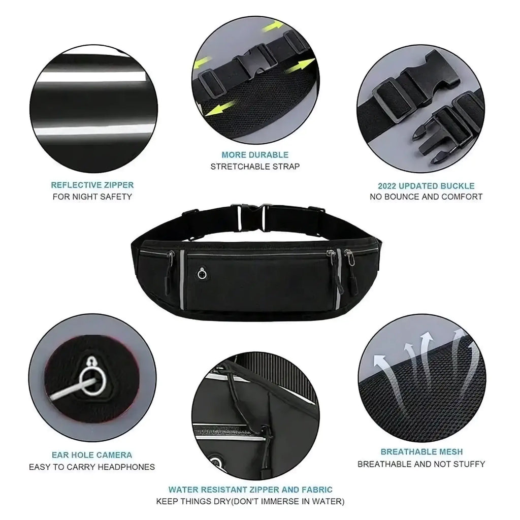 Black running waist bag with reflective zipper, stretchable strap, breathable mesh fabric, and phone pocket
