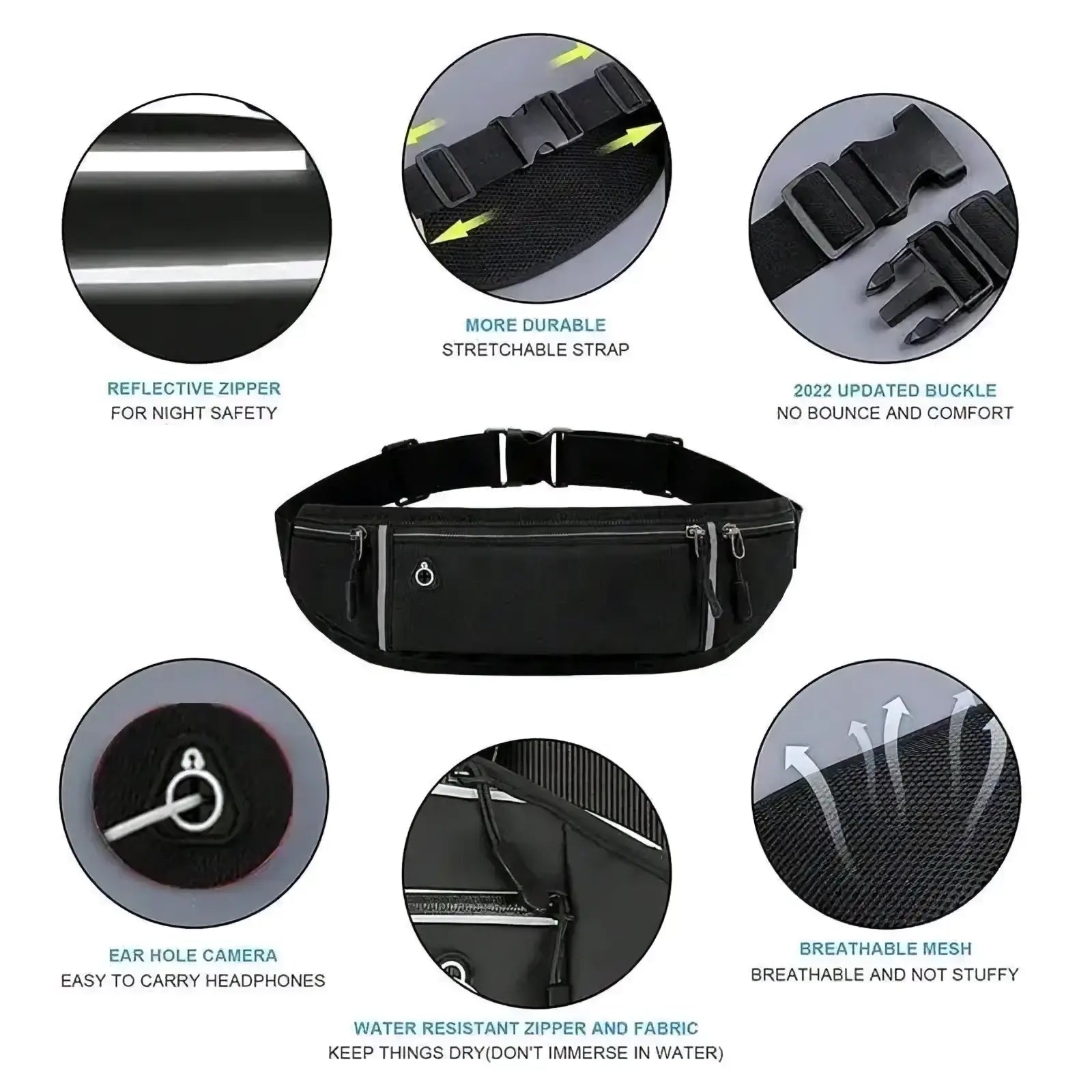 Black running waist bag with reflective zipper, stretchable strap, breathable mesh fabric, and phone pocket