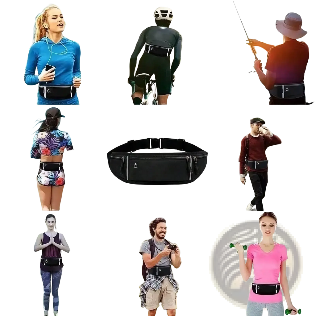 Black running waist bag with zipper closure, adjustable strap, and phone pocket for secure storage during exercise