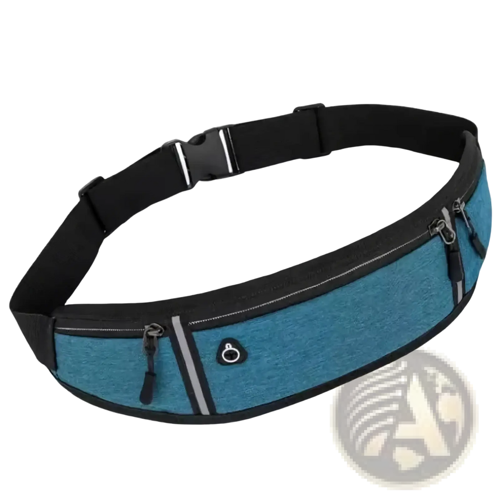 Blue heathered running waist bag with phone pocket black straps and zippered compartments for secure storage