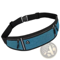 Blue heathered running waist bag with phone pocket black straps and zippered compartments for secure storage