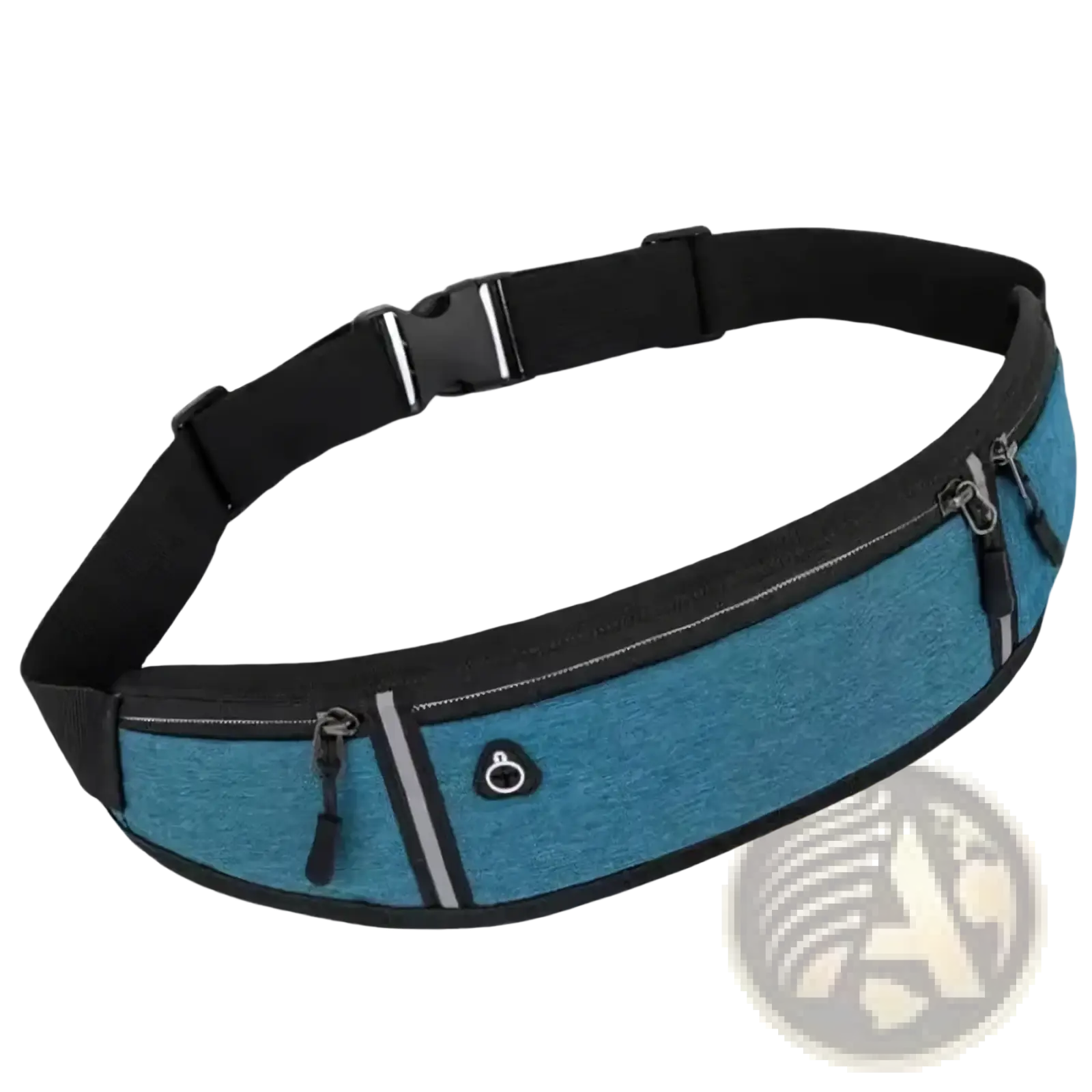 Blue heathered running waist bag with phone pocket black straps and zippered compartments for secure storage