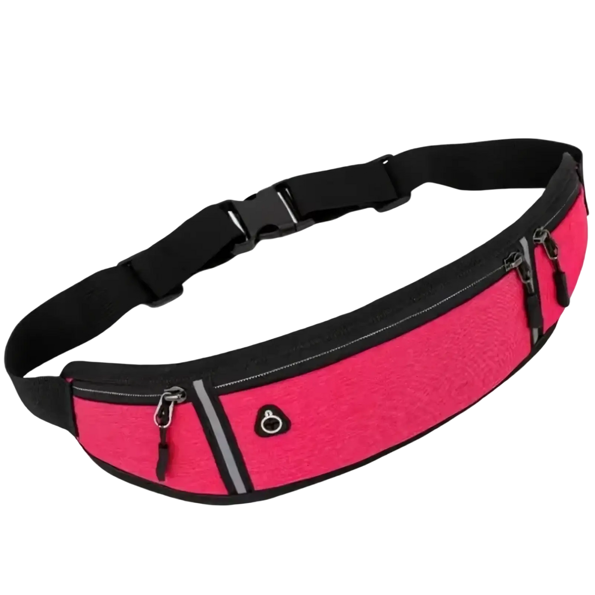 Running waist bag in bright pink and black with multiple zippered compartments and phone pocket for secure storage