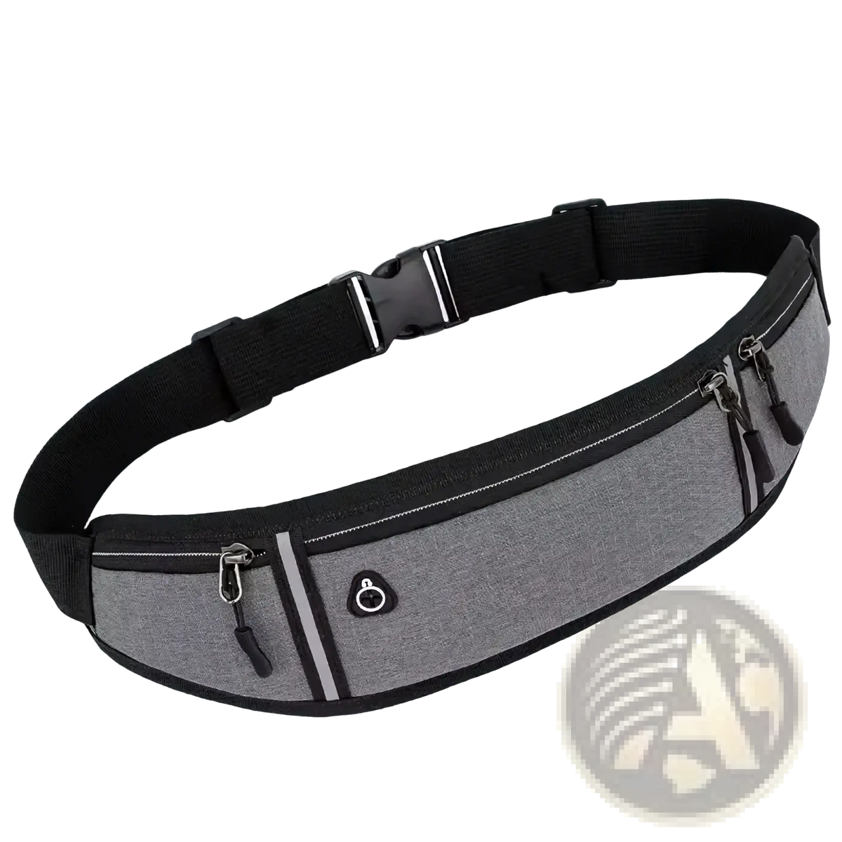Gray athletic running waist bag with black trim and multiple zippered compartments including phone pocket