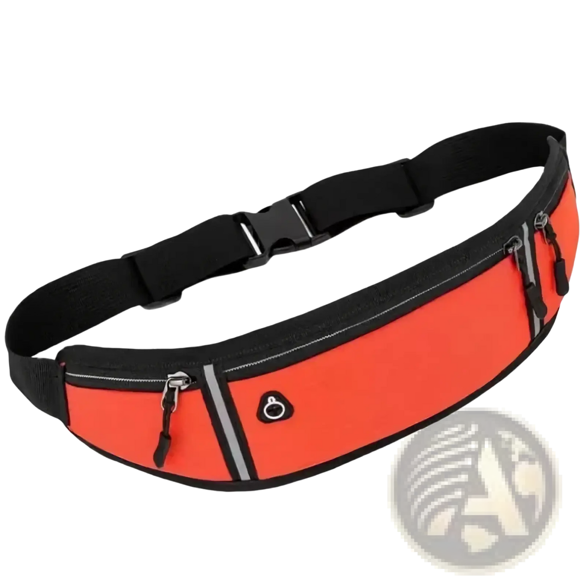 Bright orange running waist bag with phone pocket and zippered compartments featuring black straps and reflective stripes