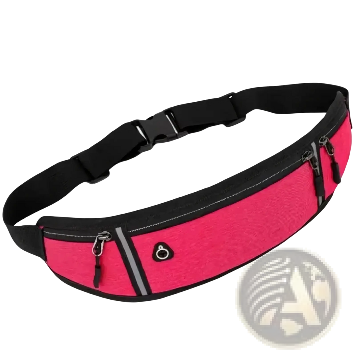 Running waist bag in bright pink and black with multiple zippered compartments and phone pocket for secure storage