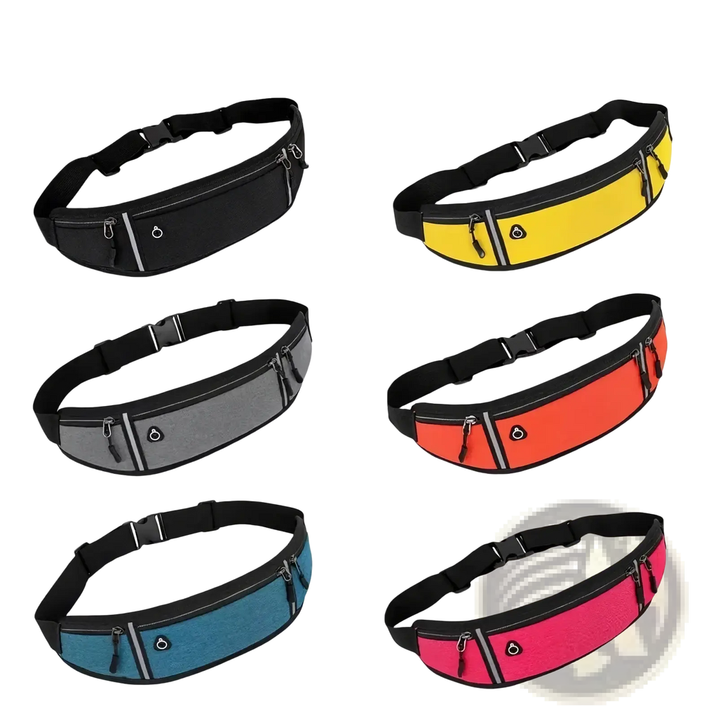 A sleek running waist bag with a vibrant color panel black adjustable strap phone pocket and zippered compartments