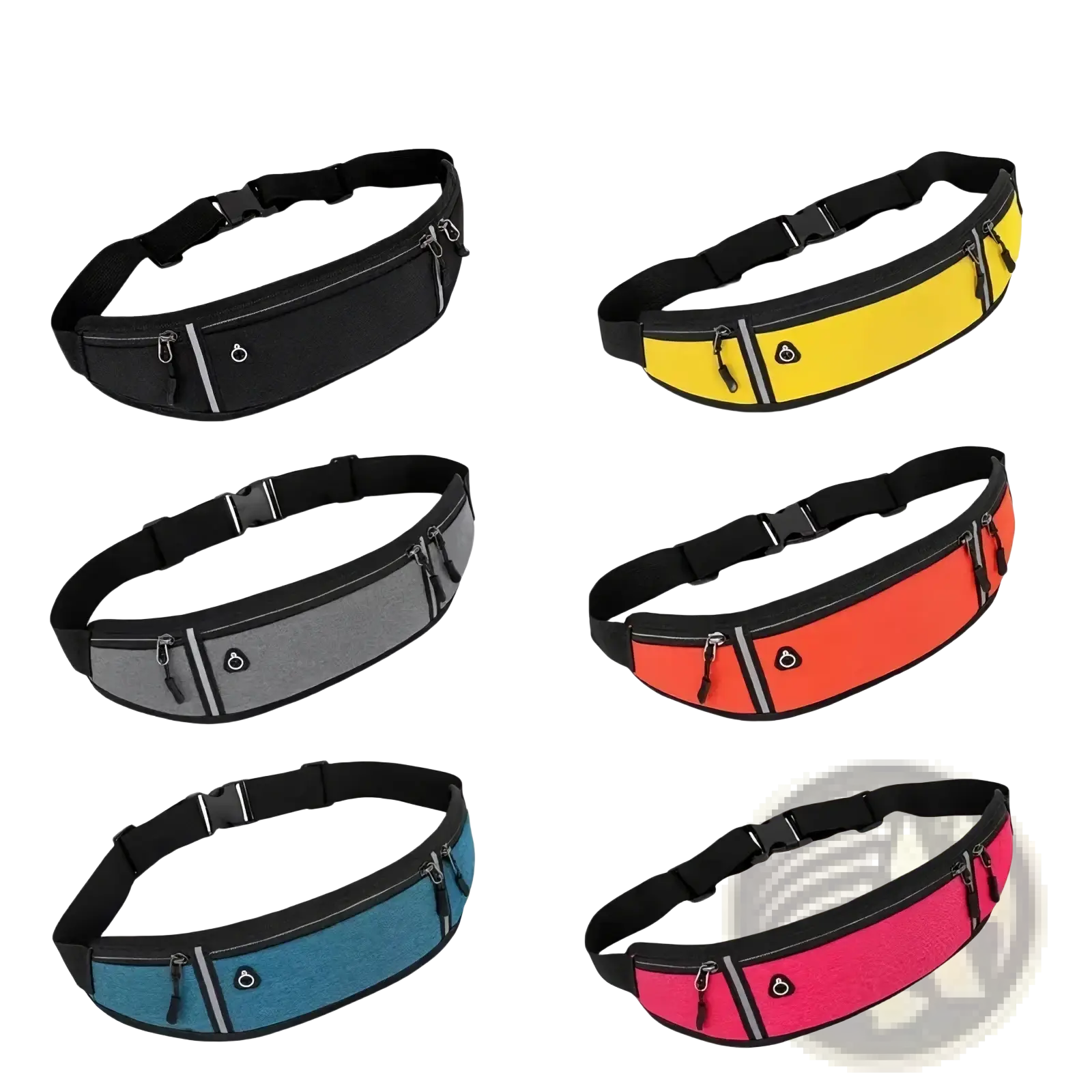 A sleek running waist bag with a vibrant color panel black adjustable strap phone pocket and zippered compartments