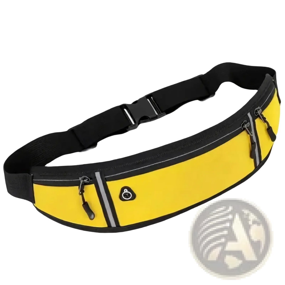 Bright yellow running waist bag with phone pocket, zippered compartments, black straps, and reflective strips for visibility