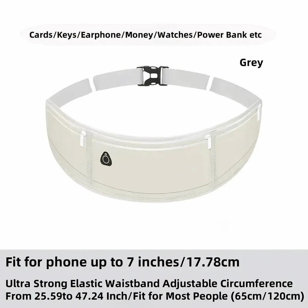 Grey running waist bag sports fanny pack with multiple compartments and black buckle for carrying essentials