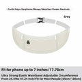 Grey running waist bag sports fanny pack with multiple compartments and black buckle for carrying essentials