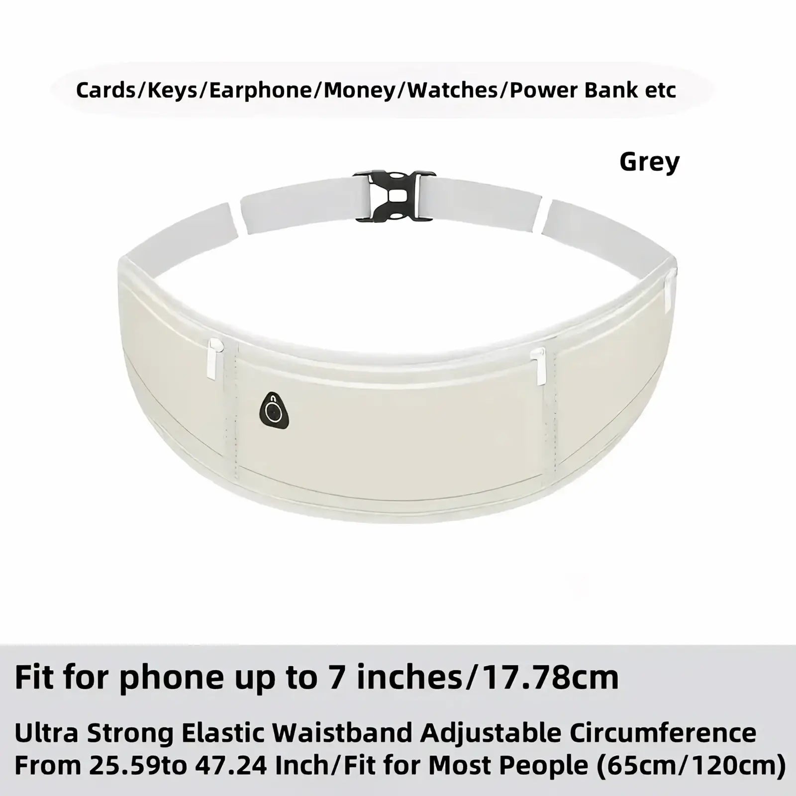Grey running waist bag sports fanny pack with multiple compartments and black buckle for carrying essentials