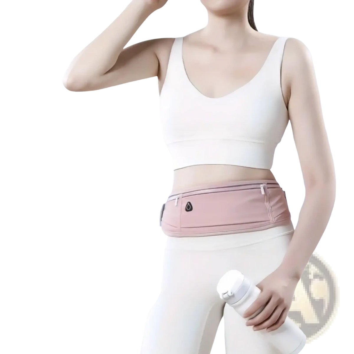 A soft pink lightweight sports running waist bag with a sleek minimalist design and black zipper accents
