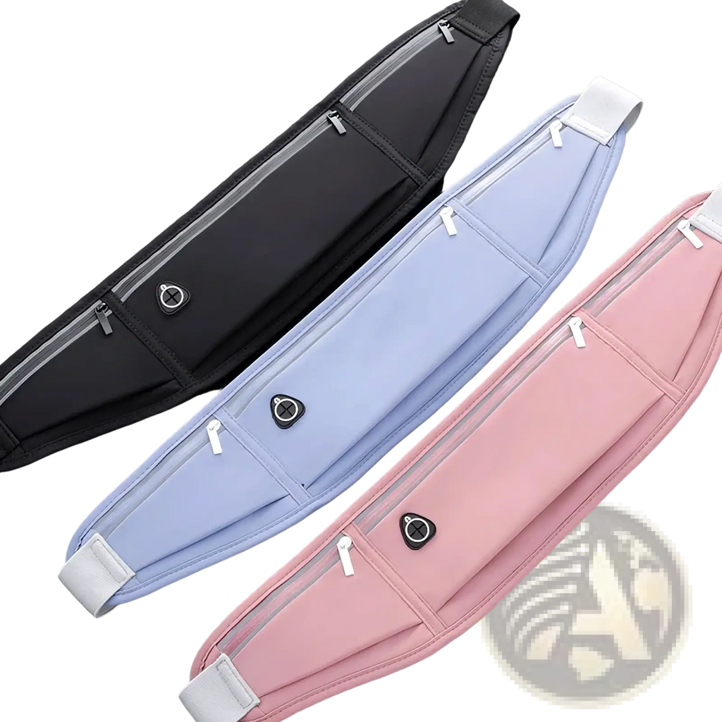 Three slim sporty running waist bags in black light blue and pink with white zippers and adjustable straps