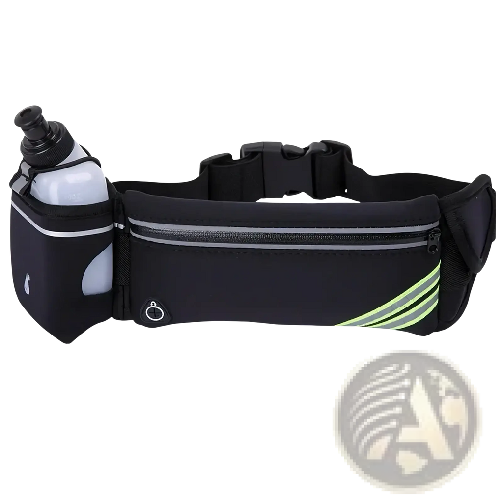 Black running waist bag made of durable material with water bottle holder and reflective stripes for safety