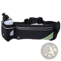 Black running waist bag made of durable material with water bottle holder and reflective stripes for safety