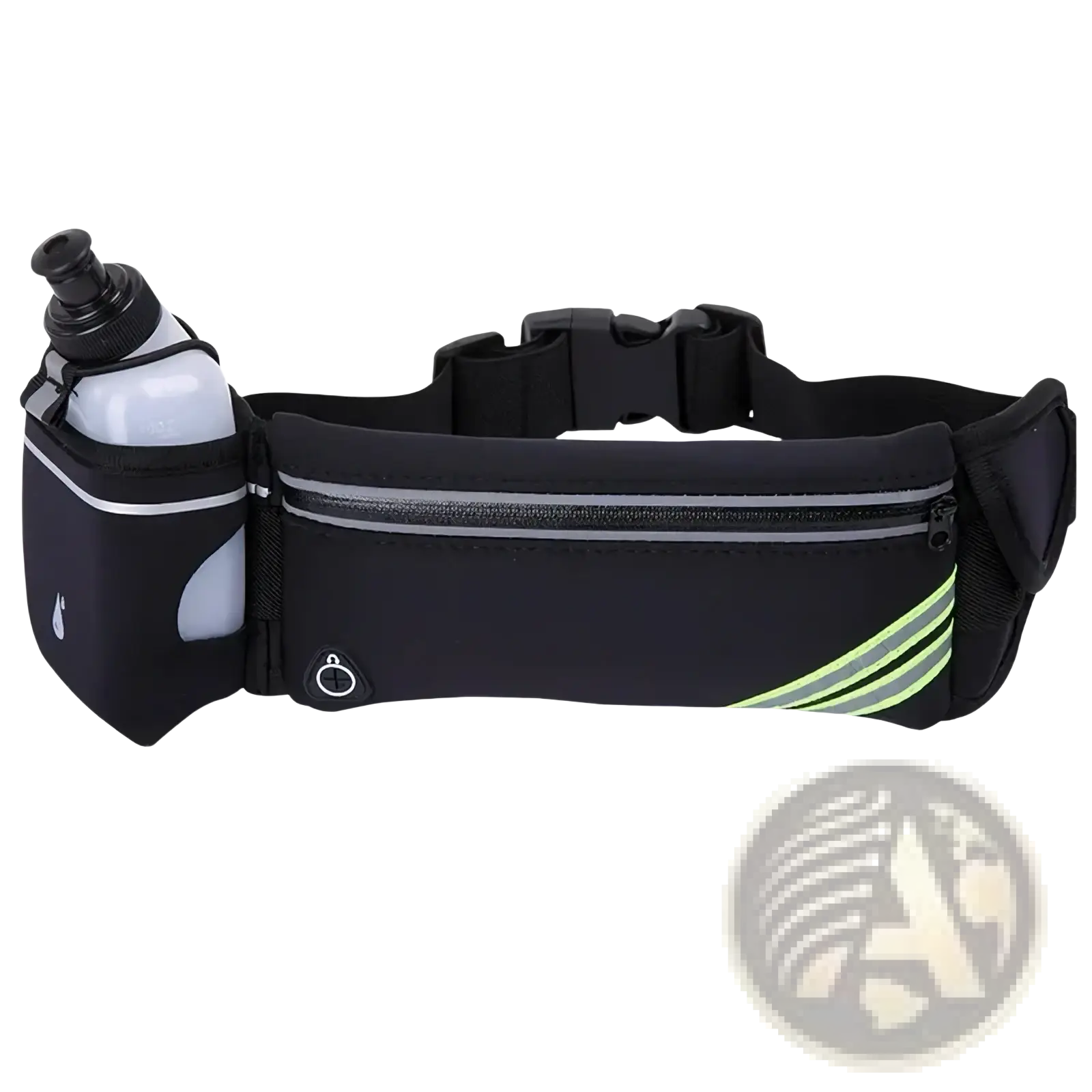 Black running waist bag made of durable material with water bottle holder and reflective stripes for safety