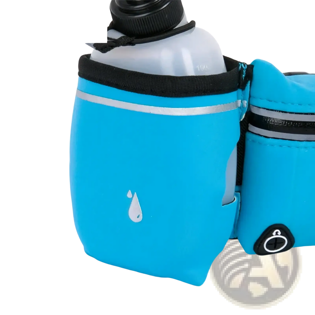 Running waist bag with bright blue water bottle holder black trim reflective silver stripes and white droplet logo