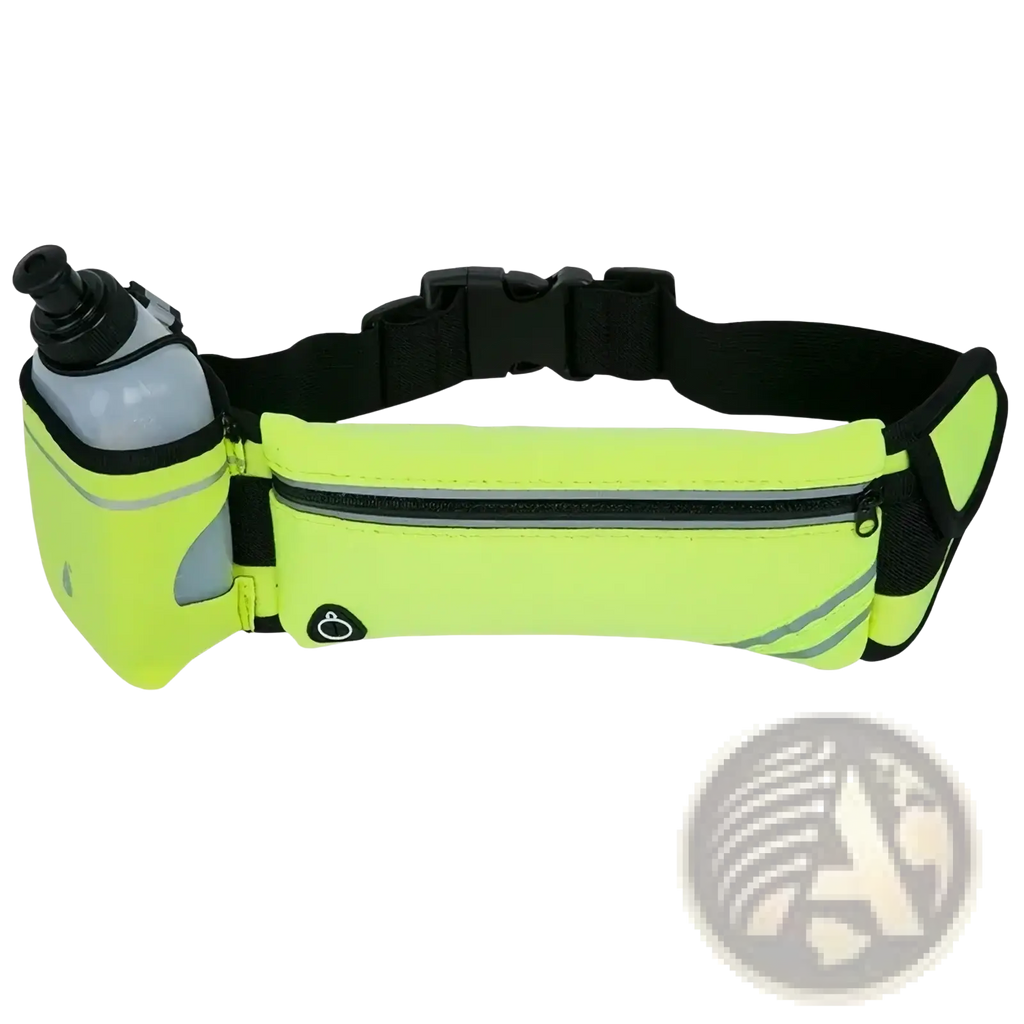 Bright neon green running waist bag with black accents featuring a water bottle holder for hands-free running