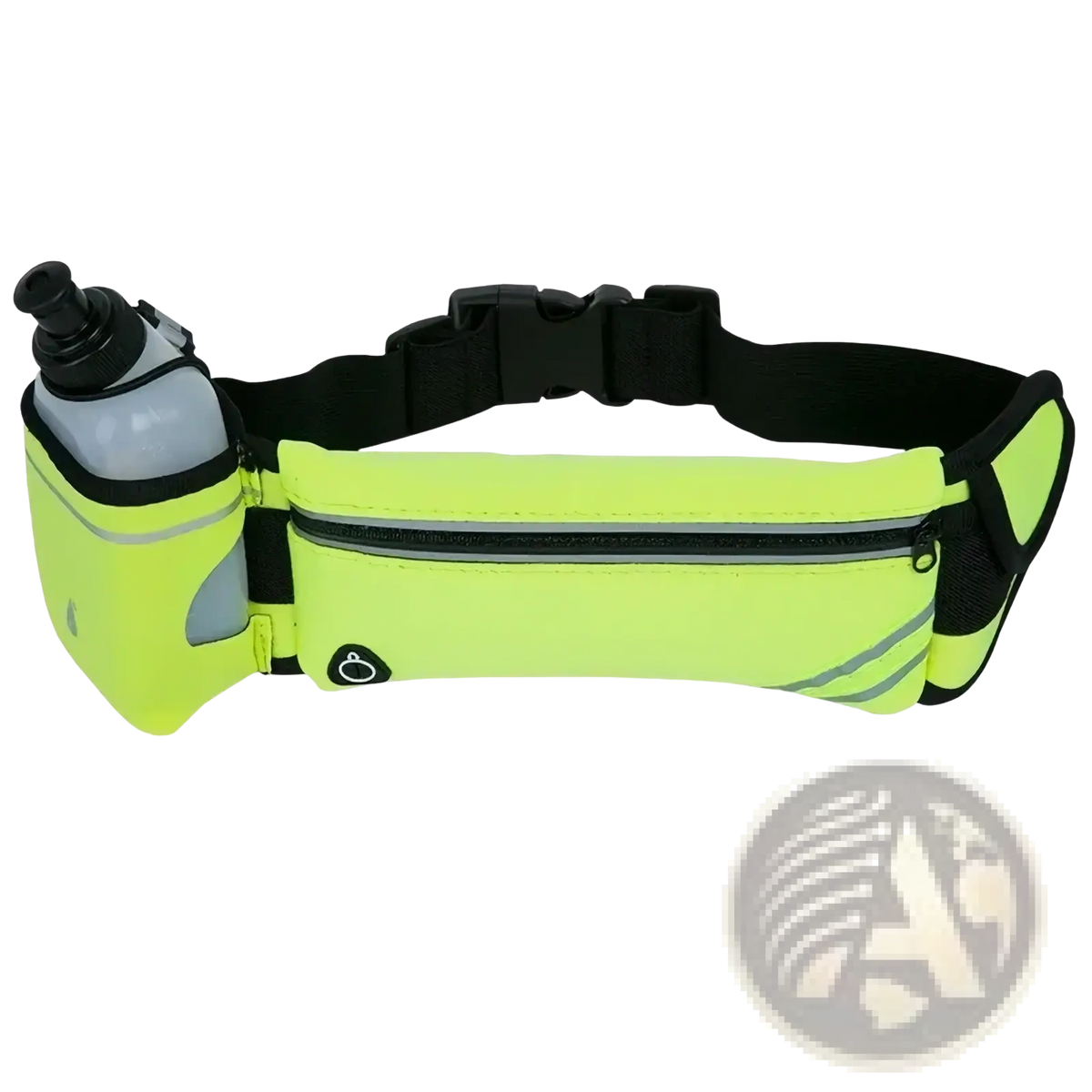 Bright neon green running waist bag with black accents featuring a water bottle holder for hands-free running