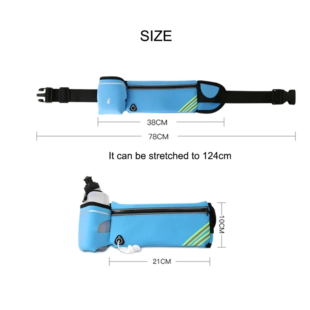Light blue running waist bag with black straps green diagonal stripes and water bottle holder for jogging use