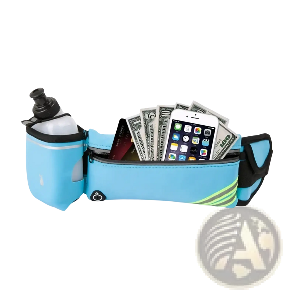 Light blue running waist bag with black and neon green accents featuring water bottle holder and multiple compartments