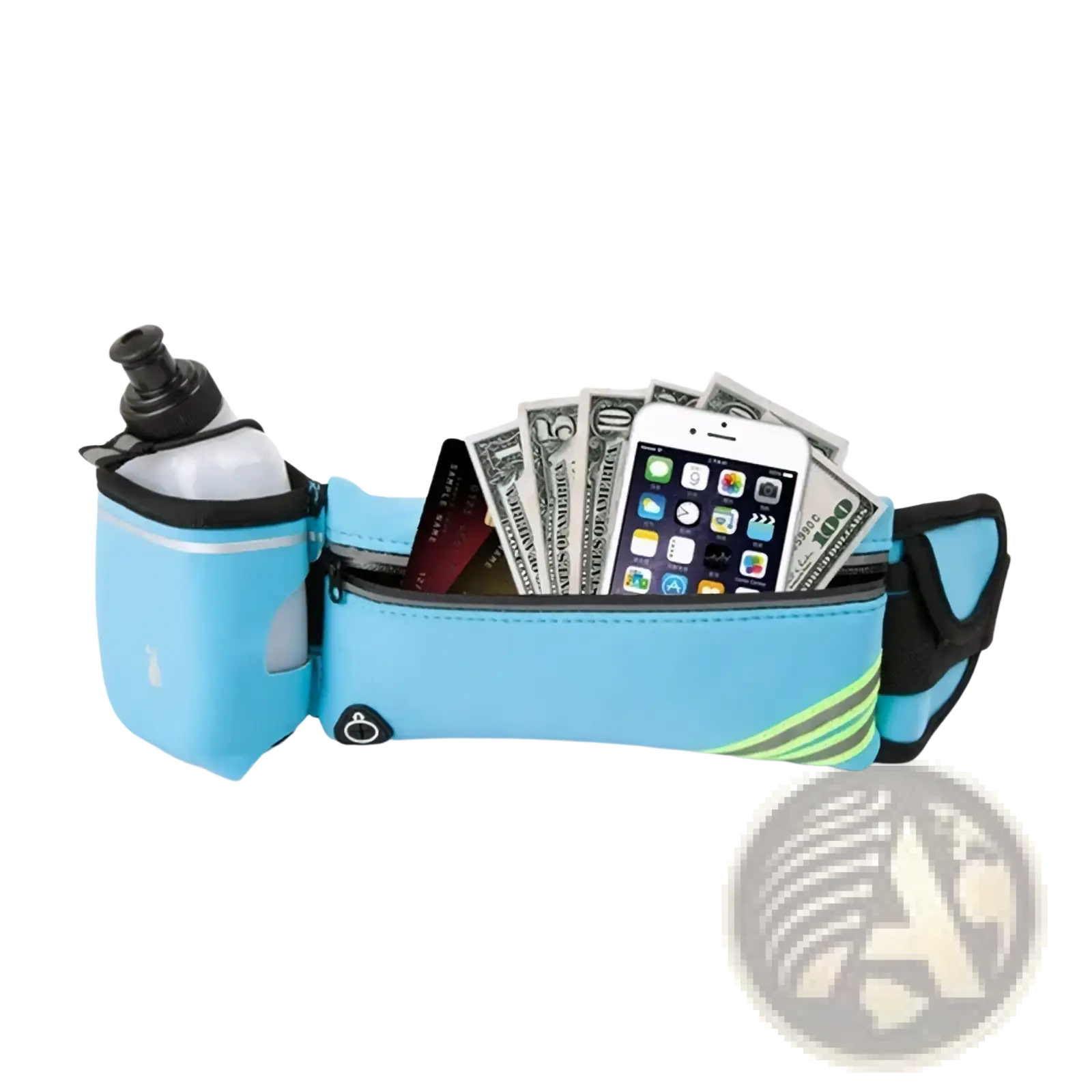 Light blue running waist bag with black and neon green accents featuring water bottle holder and multiple compartments