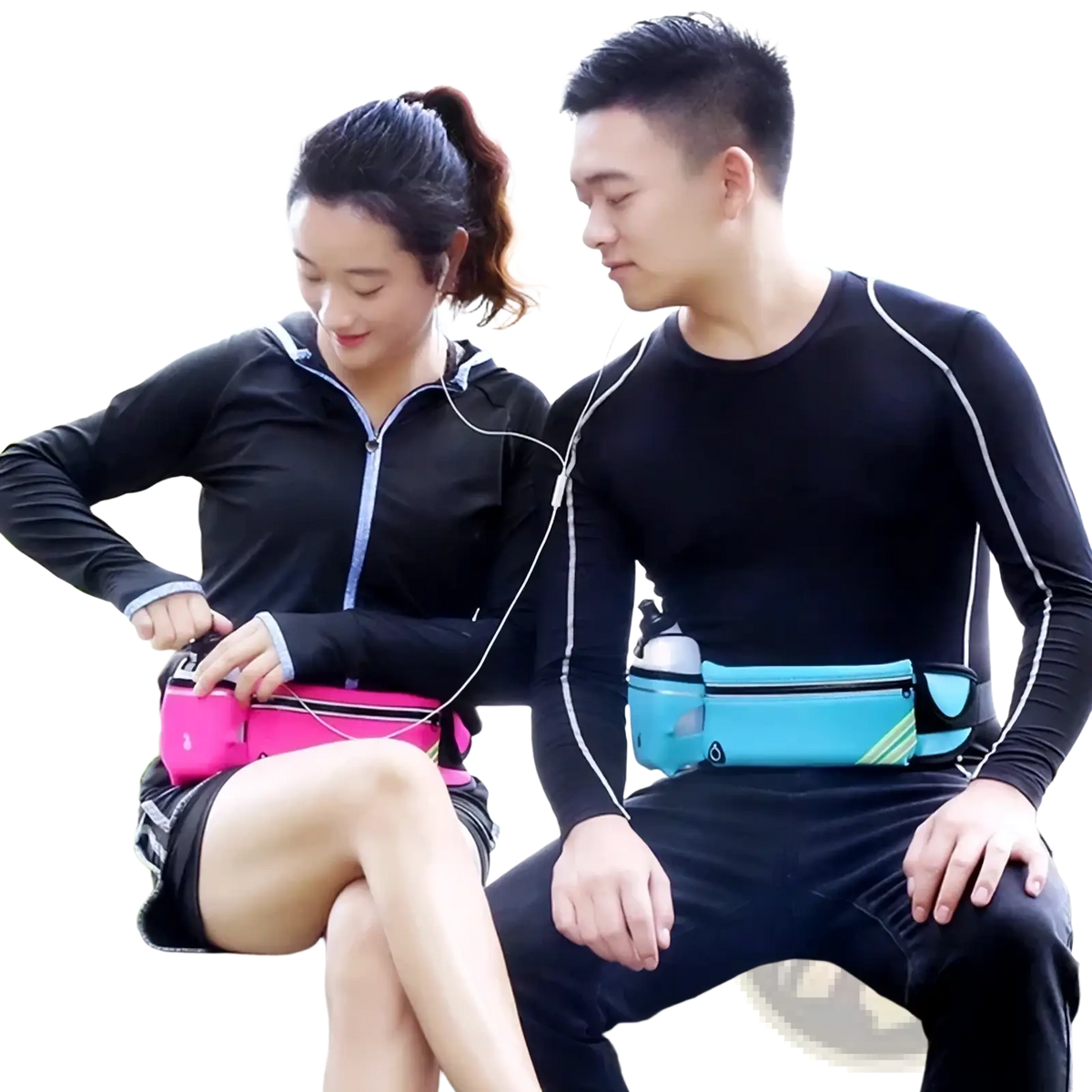 Two people wearing pink and blue running waist bags with water bottle holders for hands-free hydration during exercise