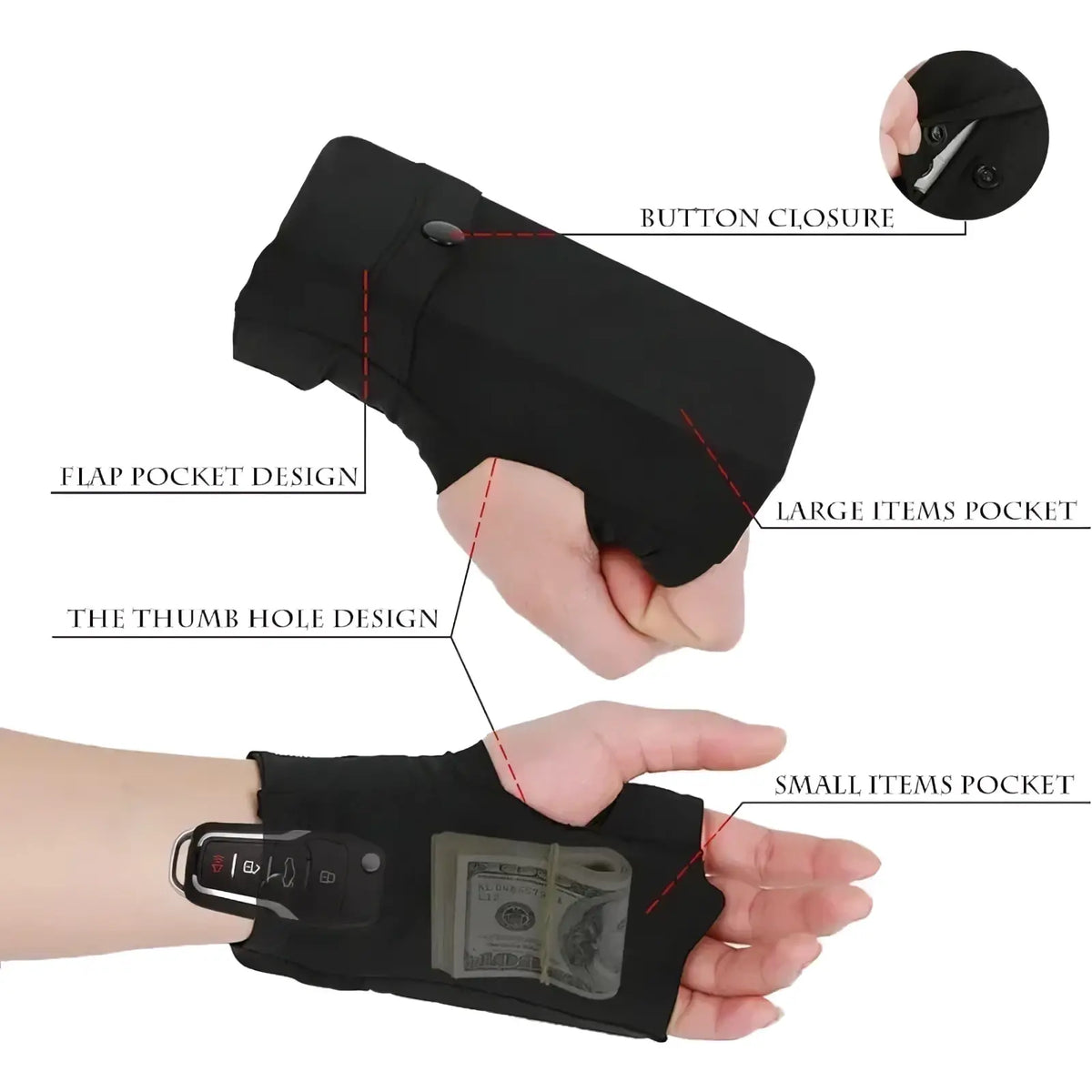 Black fabric running wrist wallet with button closure thumb hole and two pockets for keys and cash for outdoor sports