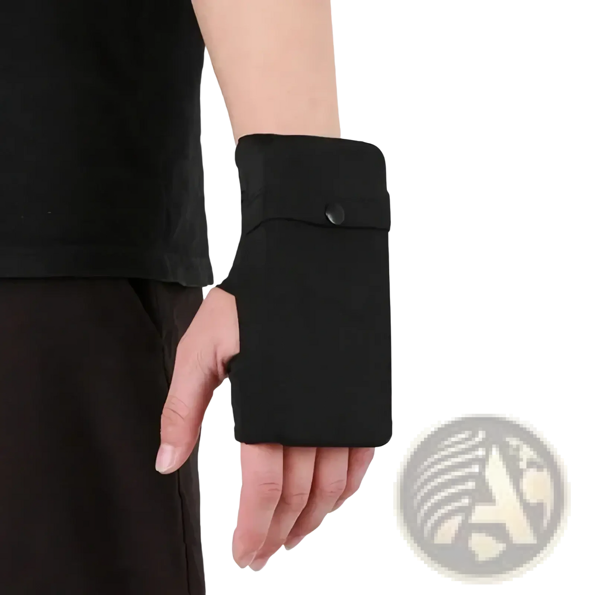 Black fabric running wrist wallet with single button closure designed for smartphone and outdoor sports use