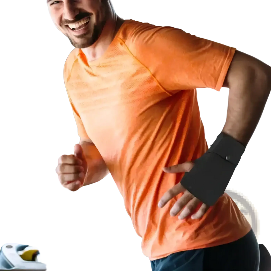 Black running wrist wallet made of breathable fabric worn on a man’s left forearm for smartphone and outdoor sports use