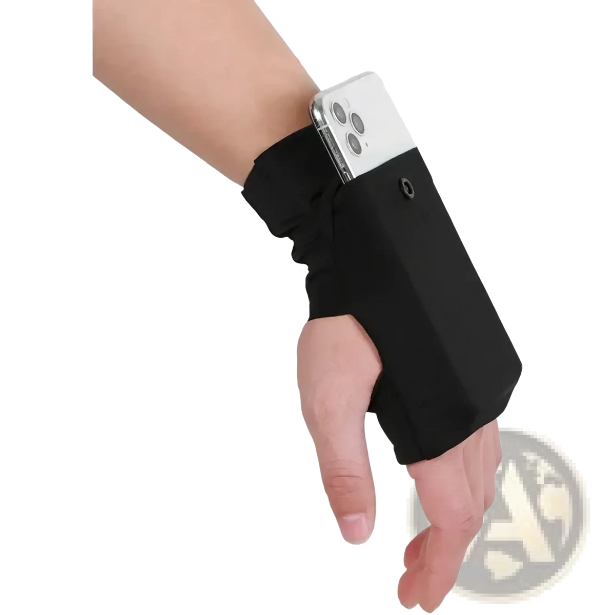 Black smartphone wristband holding a white iphone with triple-camera system for running and outdoor sports use