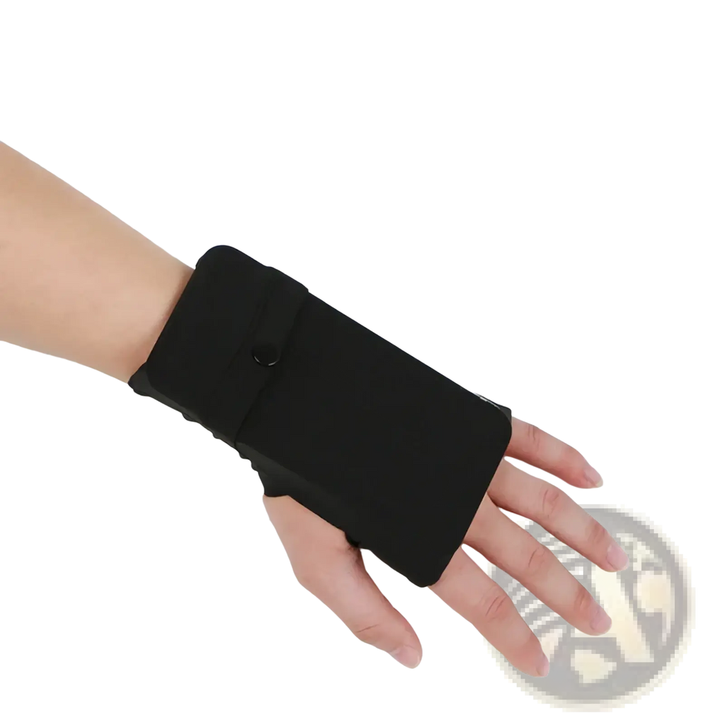 Black running wrist wallet with adjustable strap and snap closure designed for smartphone and outdoor sports use