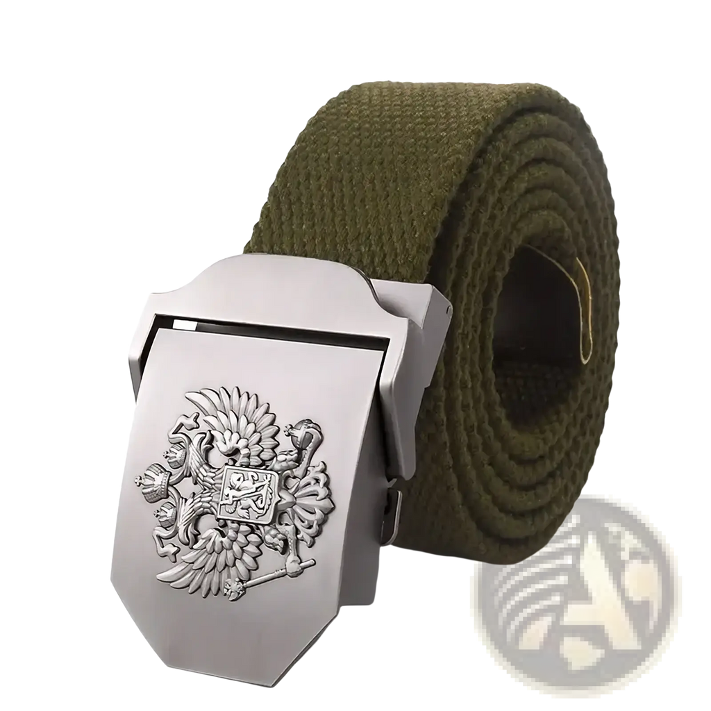 Olive green canvas Russian eagle tactical belt for men with silver-toned buckle embossed with double-headed eagle emblem