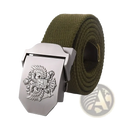 Olive green canvas Russian eagle tactical belt for men with silver-toned buckle embossed with double-headed eagle emblem