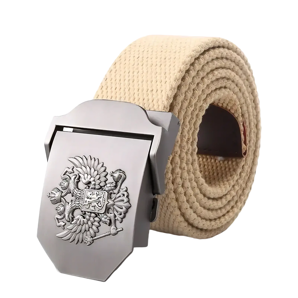 Beige canvas tactical belt for men with silver-toned metal buckle embossed with Russian eagle heraldic design