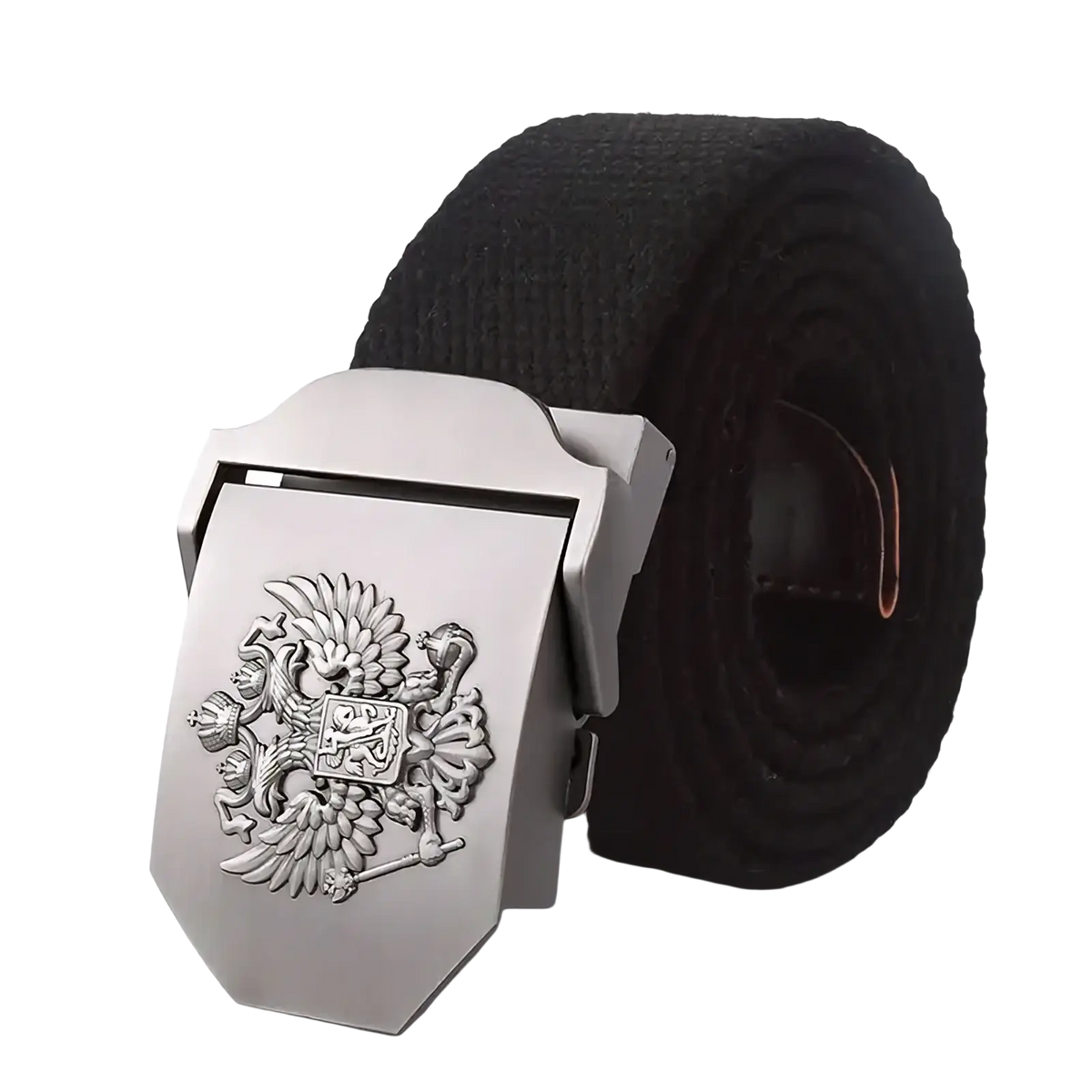 Black canvas tactical belt for men with silver ornate buckle featuring embossed double-headed eagle emblem