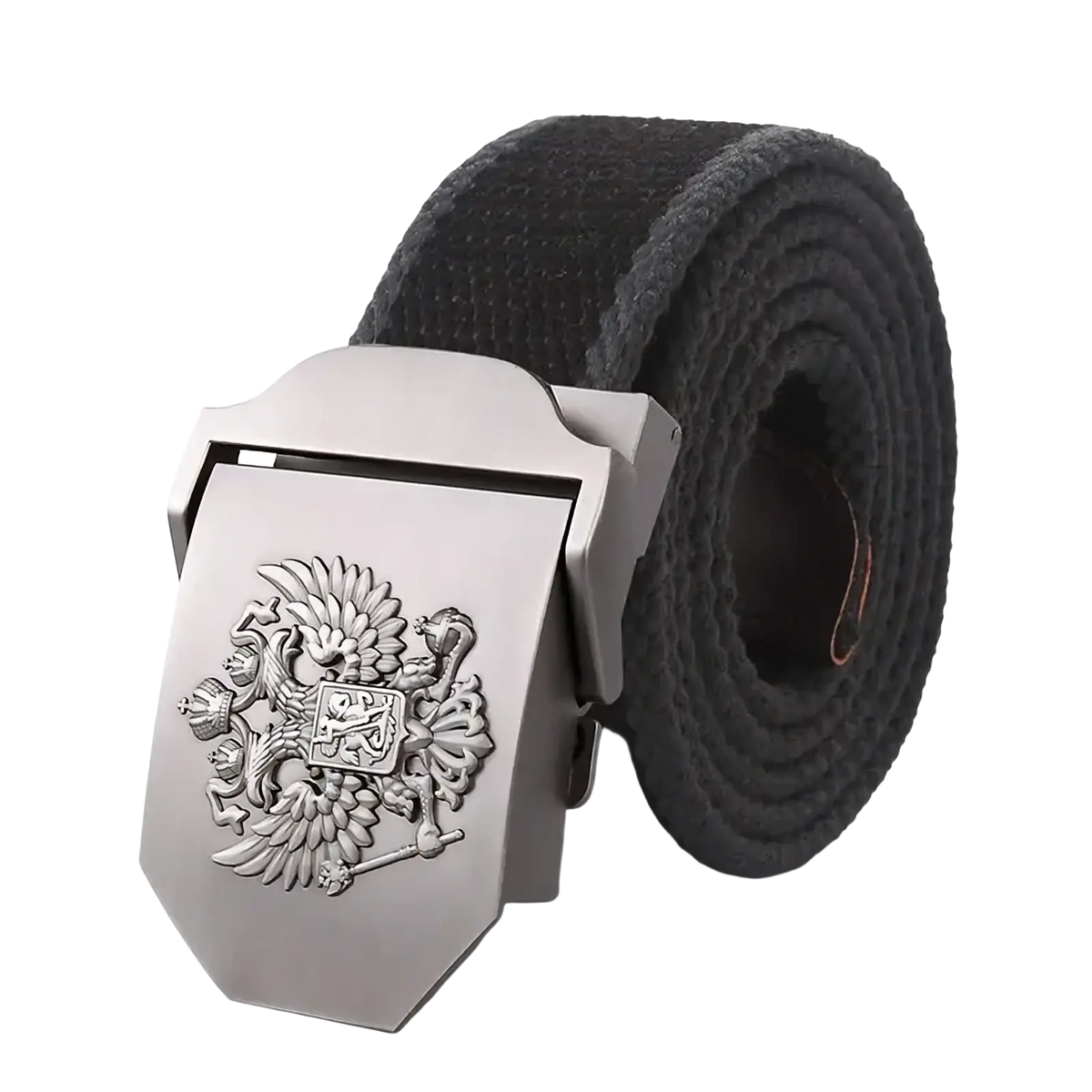 Black canvas tactical belt with silver metal buckle featuring intricately engraved double-headed eagle emblem