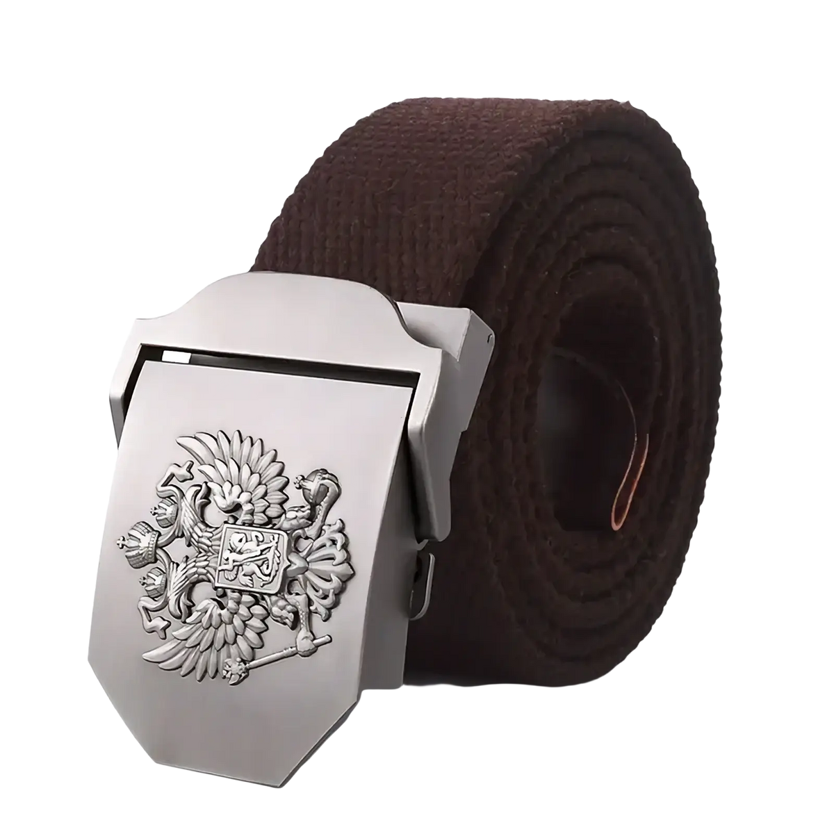 Brown canvas Russian eagle tactical belt for men with silver-toned buckle embossed with double-headed eagle emblem