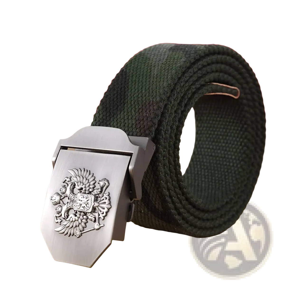 Dark green canvas tactical belt for men with silver metal buckle embossed with russian double-headed eagle emblem
